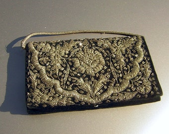 Vintage Silver Bullion Purse Clutch Evening Bag Decadent Black Velvet Encrusted with Embroidery Old India