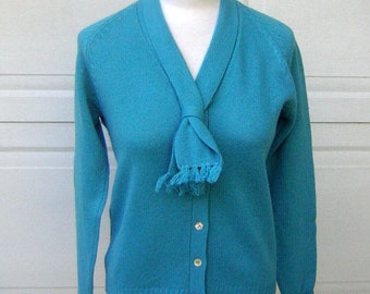 Vintage 60s Sweater TURQUOISE Blue Pure Scottish Wool Neck Tie Tassel - MINT / Estate Glen Lockhart SCOTLAND New Old Stock - S