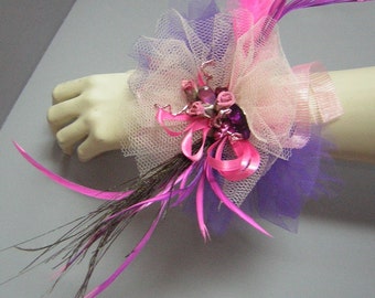 Vintage Wrist Corsage TuTu Bracelet Pink Black Feathers - Burlesque Theme for Prom