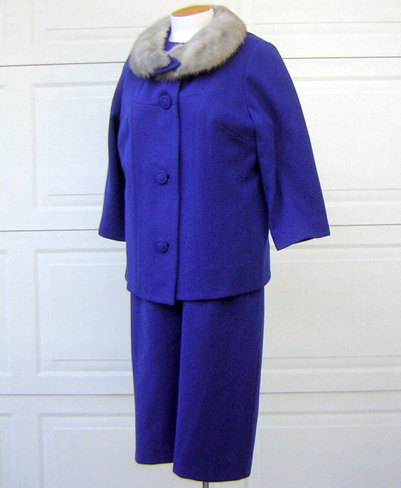 Royal Blue Suit  Dress with Silver MINK Collar Vi… - image 5