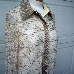 60s Beaded Party Dress Vintage HongKong Ivory Cream & Silver with Pearls Lace Overlay Tailored POSH MOD Medium Bust 41 image 8