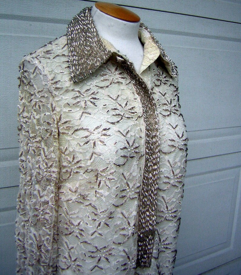 60s Beaded Party Dress Vintage HongKong Ivory Cream & Silver with Pearls Lace Overlay Tailored POSH MOD Medium Bust 41 image 8