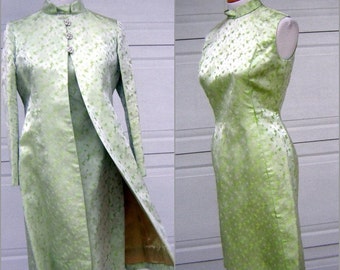 Vintage 60s Brocade Dress Coat Set: Pale Green Rhinestone Cocktail Party Ensemble