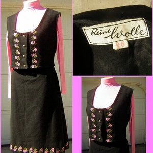 Oktoberfest German Dress Set Wool Vest Skirt Vintage Ethnic Folk - Black Pink Embroidery Medium 3 Piece Set