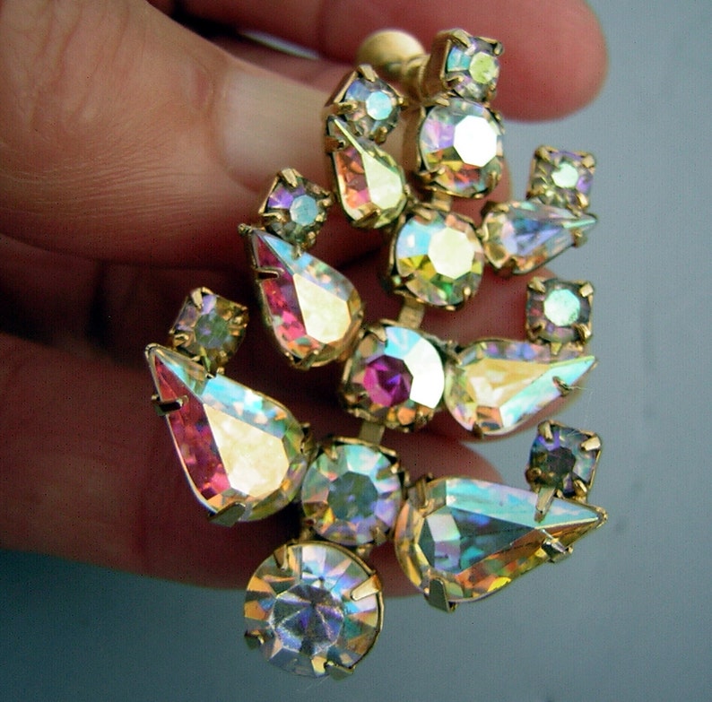 Big Rhinestone Earrings AB Holiday Slendor Sparkle Screwbacks Vintage 50s 60s Unsigned image 2