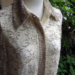 60s Beaded Party Dress Vintage HongKong Ivory Cream & Silver with Pearls Lace Overlay Tailored POSH MOD Medium Bust 41 image 6