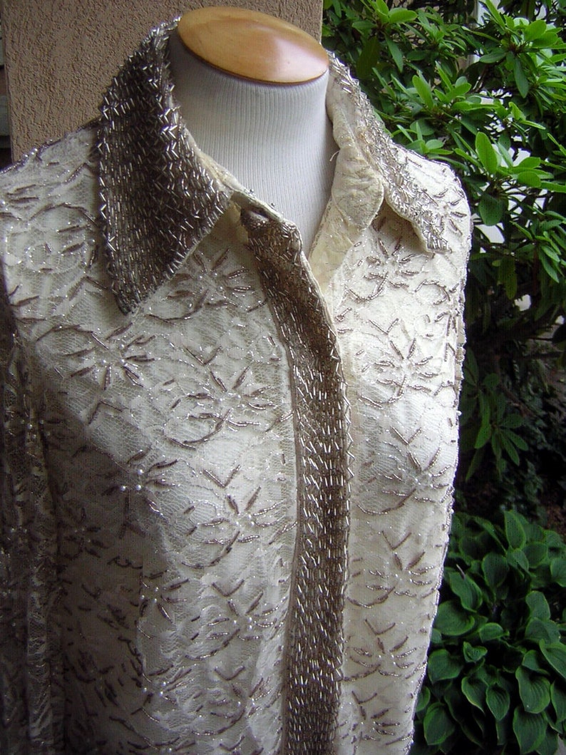 60s Beaded Party Dress Vintage HongKong Ivory Cream & Silver with Pearls Lace Overlay Tailored POSH MOD Medium Bust 41 image 6