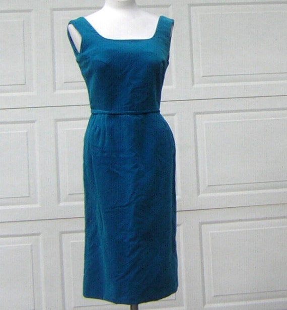 Vintage 60s Party Dress Turquoise Velvet / Velvet… - image 2