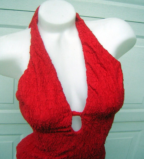 Vintage SwimSuit Bathing Suit SEXY RED Halter Bom… - image 4