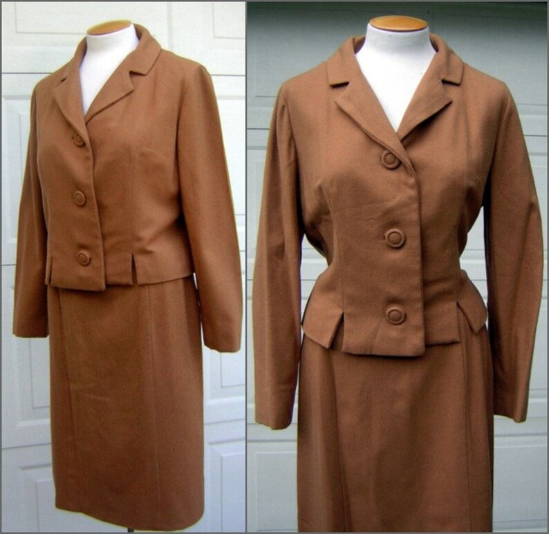 Vintage Suit Caramel Brown Wool Notched Waist Hand Tailored Fine Wool & Silk Lining BUST 44 WAIST 28 image 1