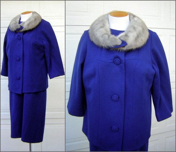 Royal Blue Suit  Dress with Silver MINK Collar Vi… - image 1