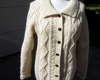 Hand Knit Aran Wool Cardigan Sweater - Cream Cable Knit 44" Chest
