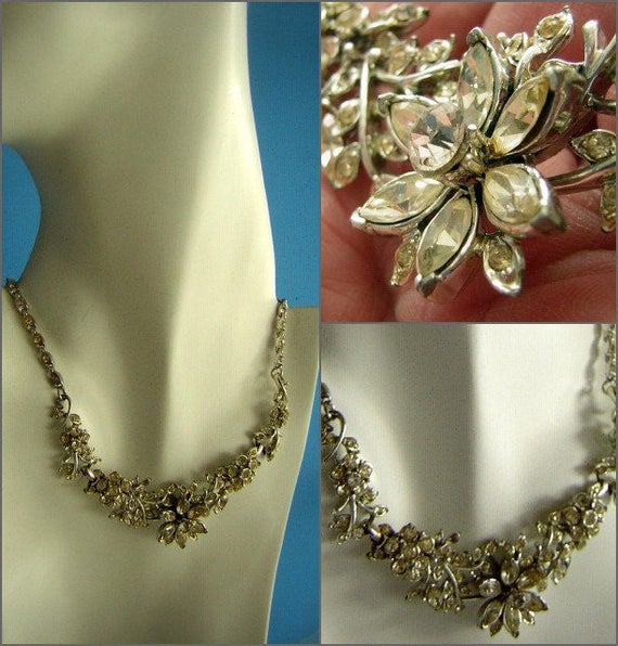 Vintage CORO Rhinestone Necklace, 1950s Floral Vi… - image 2