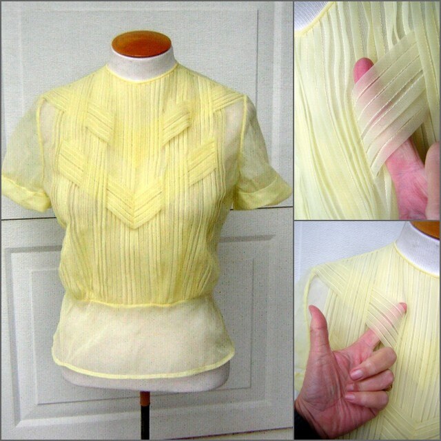 Sheer Yellow Blouse 70s Button up Shirt Floral Embroidered