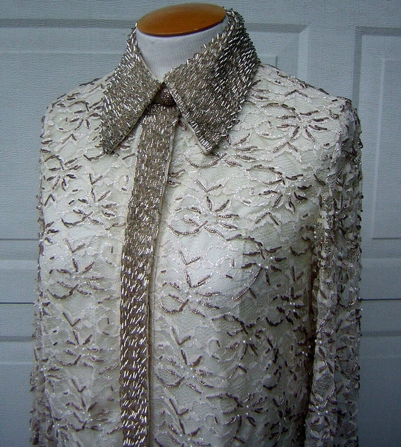 60s Beaded Party Dress Vintage HongKong Ivory Cream & Silver with Pearls Lace Overlay Tailored POSH MOD Medium Bust 41 image 5