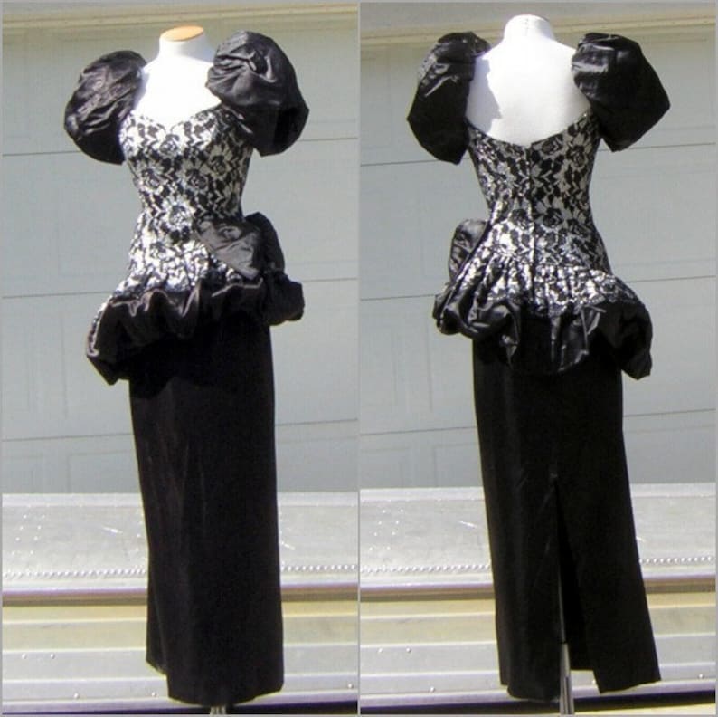 Vintage 80s Asymmetric Pouf Party Gown Long Dress - Black Satin & Silver Lace - S XS 