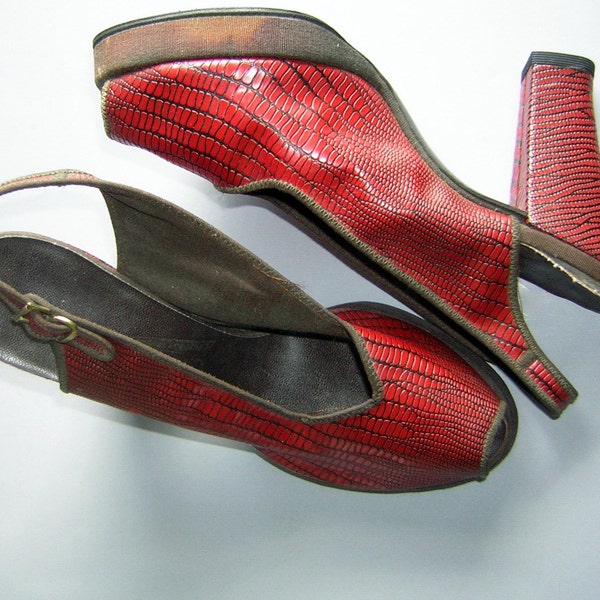 RESERVED for ChaCha Blues Vintage 40s Red Peep Toe Platform High Heels Shoes Sexy Faux Reptile US size 5 M Fabulous Fun