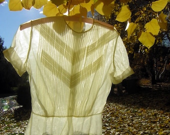 Vintage 50s Nylon Blouse - Sheer Lemon Yellow Pleated Top, Medium