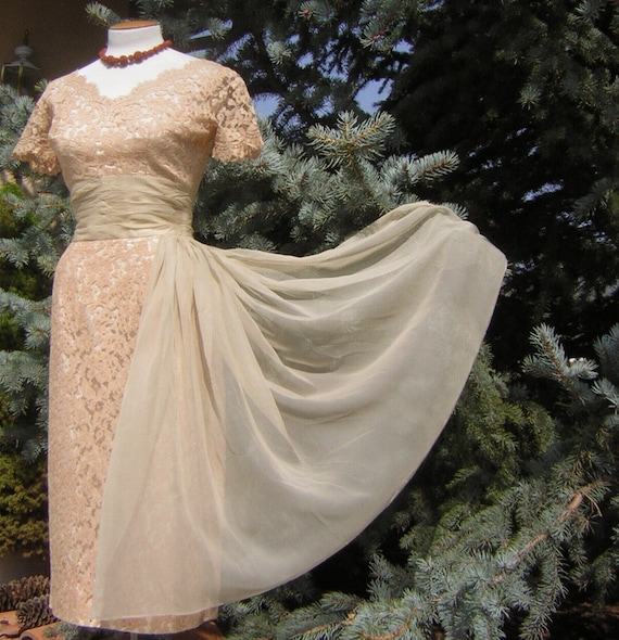 Vintage 50s Dress Sexy Nude Lace NORMAN Original … - image 1