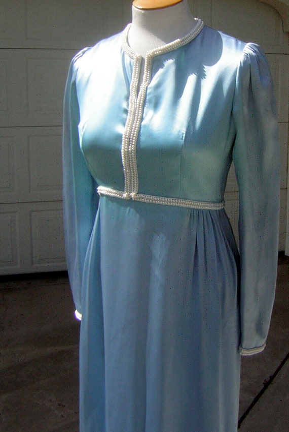 Vintage Ice Blue Satin Gown with Elegant Pearl Ba… - image 7