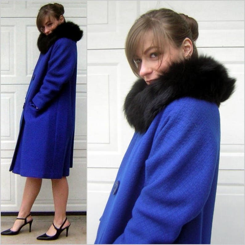 Vintage Black FOX Fur Royal Blue Coat Fabulous Color Chic Style 1960s Posh M to L by JILL JR. image 2