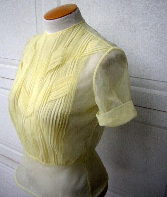 Sheer Yellow Blouse 70s Button up Shirt Floral Embroidered