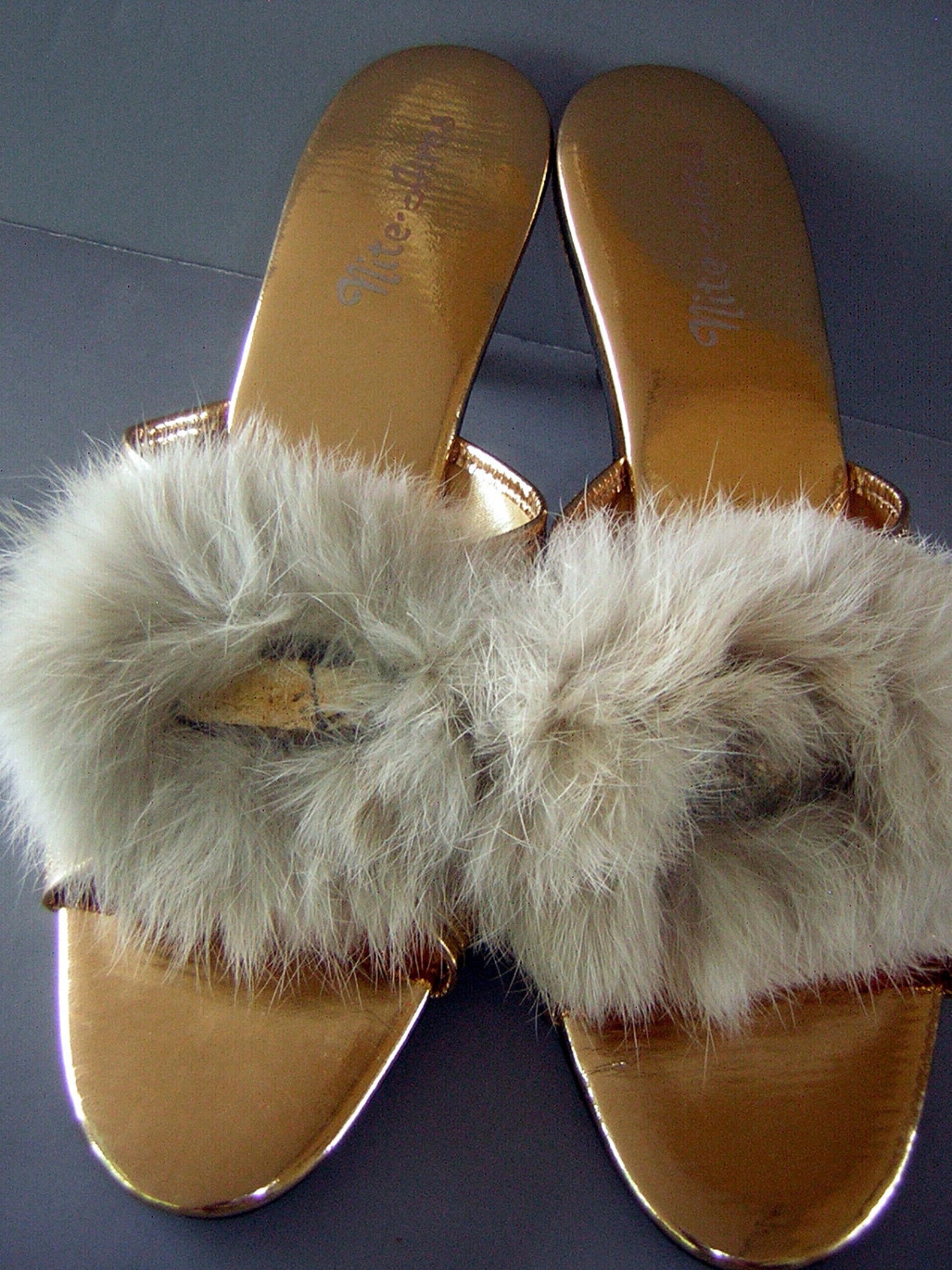 Vintage 60s Fur Pom Pom & Golden Bedroom Slippers Kitten Heels | Etsy