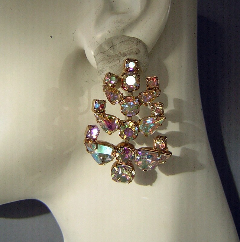 Big Rhinestone Earrings AB Holiday Slendor Sparkle Screwbacks Vintage 50s 60s Unsigned image 1