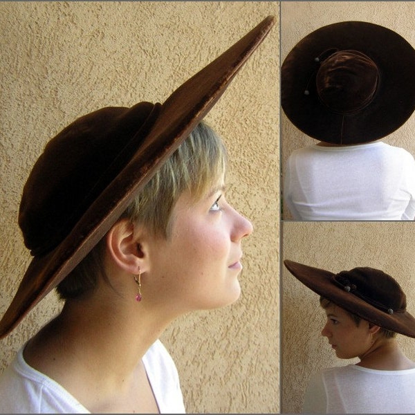 Big Picture Hat Brown Velvet Maison Mendessolle San Francisco Vintage 40s Chic & Great Condition