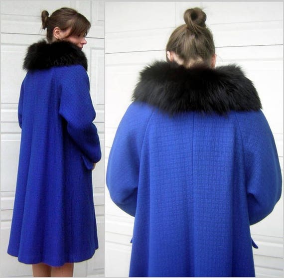 Vintage Black FOX Fur Royal Blue Coat Fabulous Co… - image 3