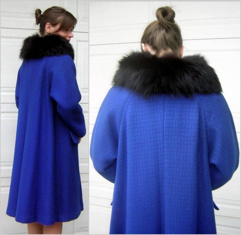 Vintage Black FOX Fur Royal Blue Coat Fabulous Color Chic Style 1960s Posh M to L by JILL JR. image 3
