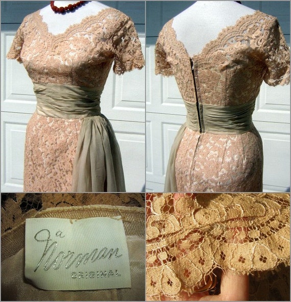 Vintage 50s Dress Sexy Nude Lace NORMAN Original … - image 4