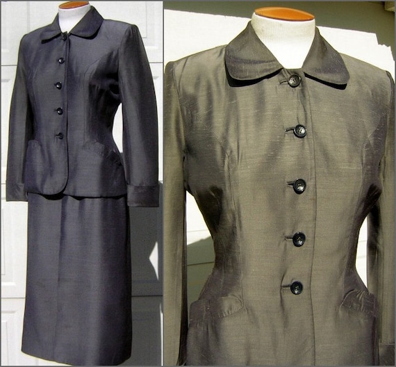 Grey Sharkskin Suit Vintage 40s 50s Fitted Curvy C