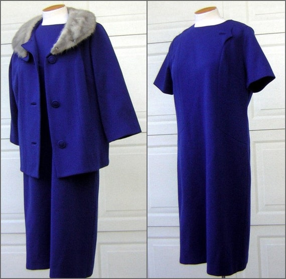 Royal Blue Suit  Dress with Silver MINK Collar Vi… - image 3