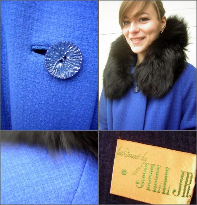 Vintage Black FOX Fur Royal Blue Coat Fabulous Color Chic Style 1960s Posh M to L by JILL JR. image 5