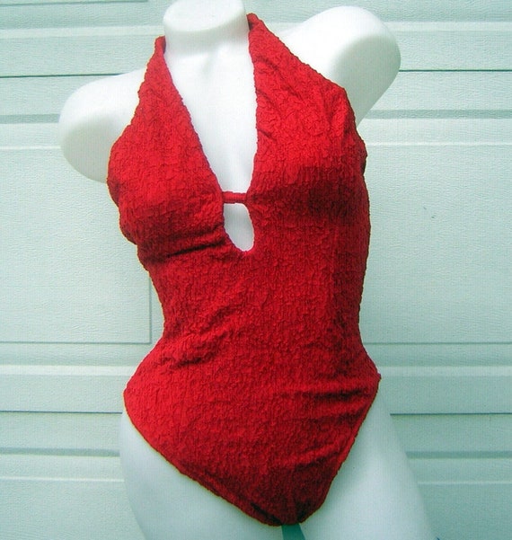 Vintage SwimSuit Bathing Suit SEXY RED Halter Bom… - image 2