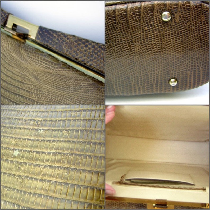 May include: A brown snakeskin clutch purse with a gold clasp and a white satin lining. The purse has a zippered pocket inside.