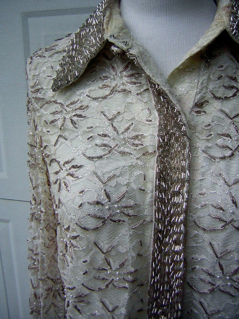 60s Beaded Party Dress Vintage HongKong Ivory Cream & Silver with Pearls Lace Overlay Tailored POSH MOD Medium Bust 41 image 4