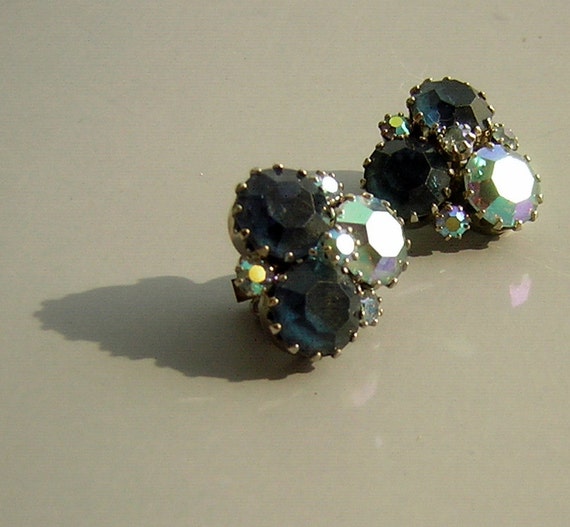 WEISS Vintage 60s Signed Earrings Blue Rhinestone… - image 4