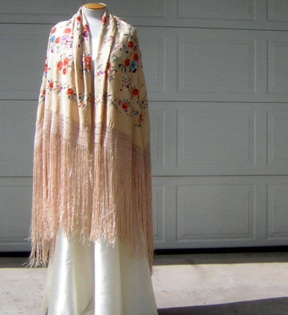 Antique Piano Shawl Victorian Estate Heavy Embroidery Extra Long