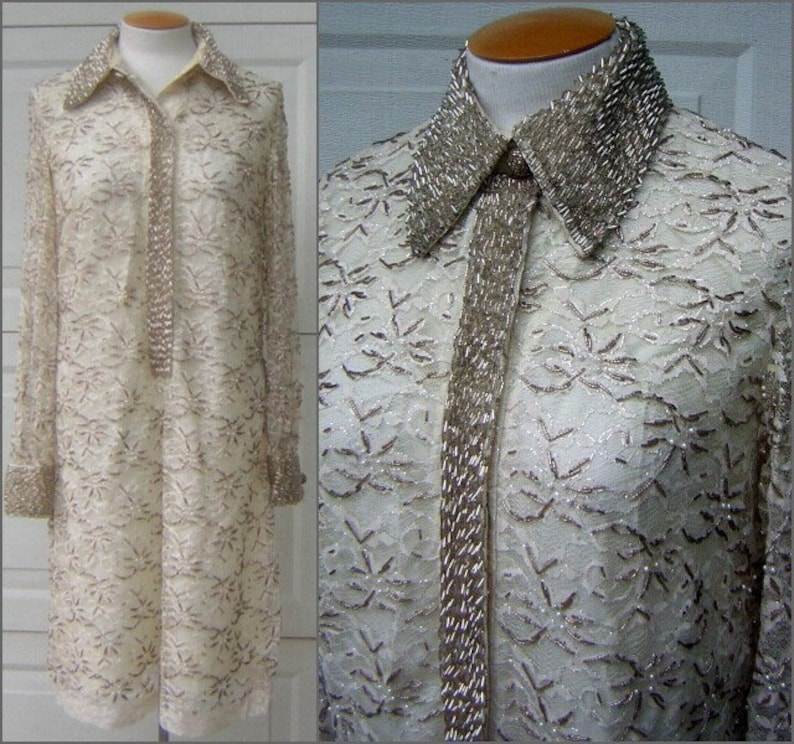 60s Beaded Party Dress Vintage HongKong Ivory Cream & Silver with Pearls Lace Overlay Tailored POSH MOD Medium Bust 41 image 1