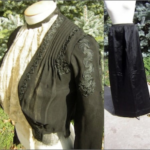 Antique Victorian / Edwardian Mourning Set - Bodice & Skirt  - Black Silk / Estate / Wearable Size S XS