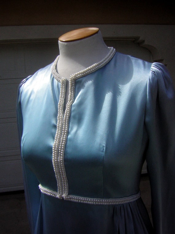 Vintage Ice Blue Satin Gown with Elegant Pearl Ba… - image 4