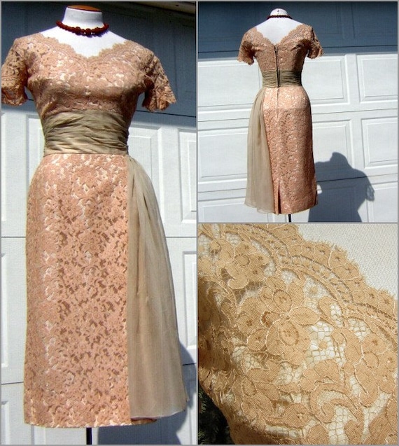 Vintage 50s Dress Sexy Nude Lace NORMAN Original … - image 3