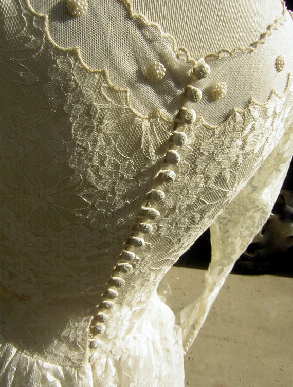 Vintage 50s Wedding Dress Sheer Illusion Bodice G… - image 3