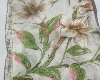 Vintage Midcentury Handkerchief Hand Painted Floral Philippines All Linen Hand Rolled with Original Tag