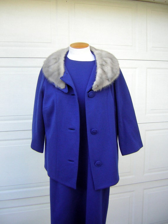 Royal Blue Suit  Dress with Silver MINK Collar Vi… - image 4