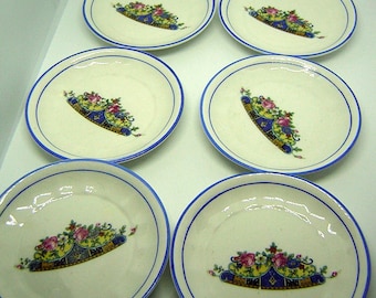 German Salt Dish / Butter Pat Plates Set of 6 Blue with Floral Crown Antique Vintage No Marks