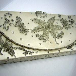 Vintage White Purse Satin Beaded Evening Bag Clutch Mid Century Chic for Cocktail Party or Bridal