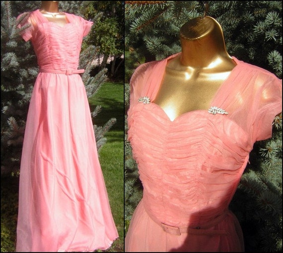 30s 40s Dress Long Gown Pink Shirred Dress - Rhin… - image 3